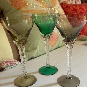 3 VINTAGE Blefeld Harlequin Twisted Stem Crystal Sherry Cordial Glasses 7.25”